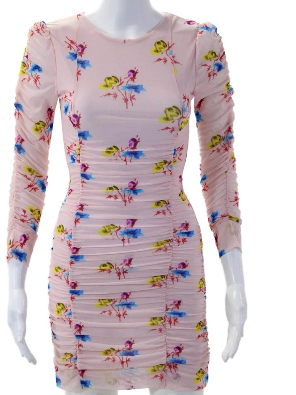 Ganni Pink Ruched Gathered Mesh Bodycon Designer Mini Dress EU46 NWT